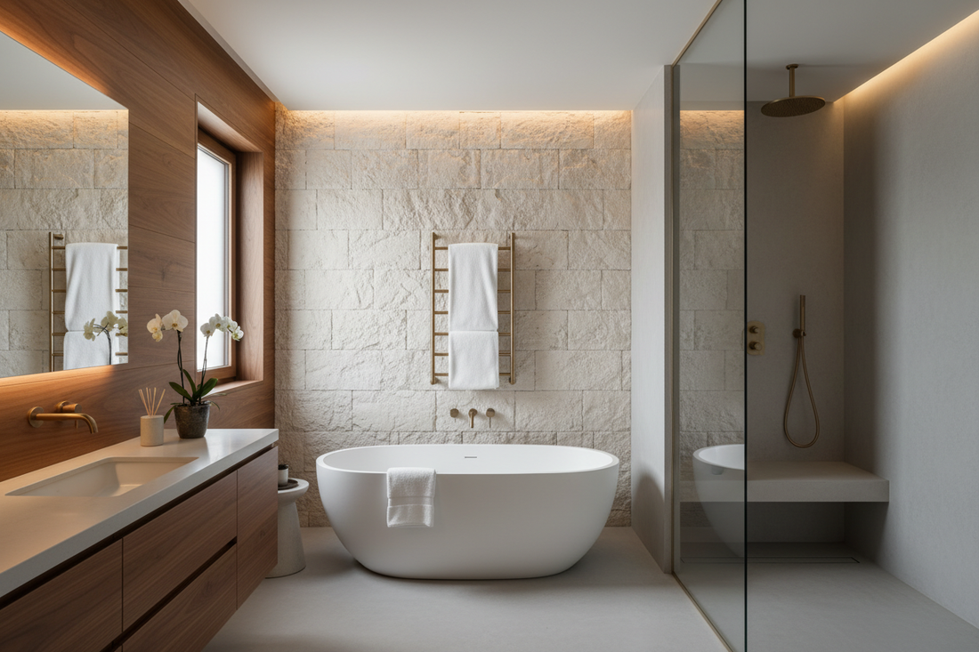 Modern bathroom combining wood, stone, and concrete elements with a wall-mounted heated towel rack and white towels