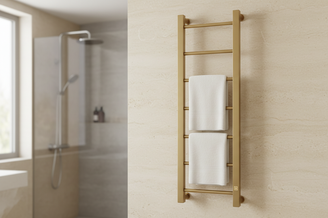 Brushed-gold ENZE smart heated towel rack mounted in a warm modern spa-style bathroom with neatly arranged white towels