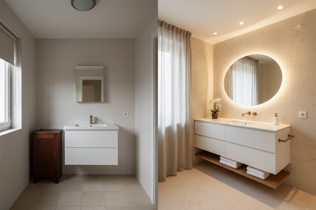 Before and after of a refined bathroom transformed by a large smart LED mirror with integrated lighting above a modern vanity