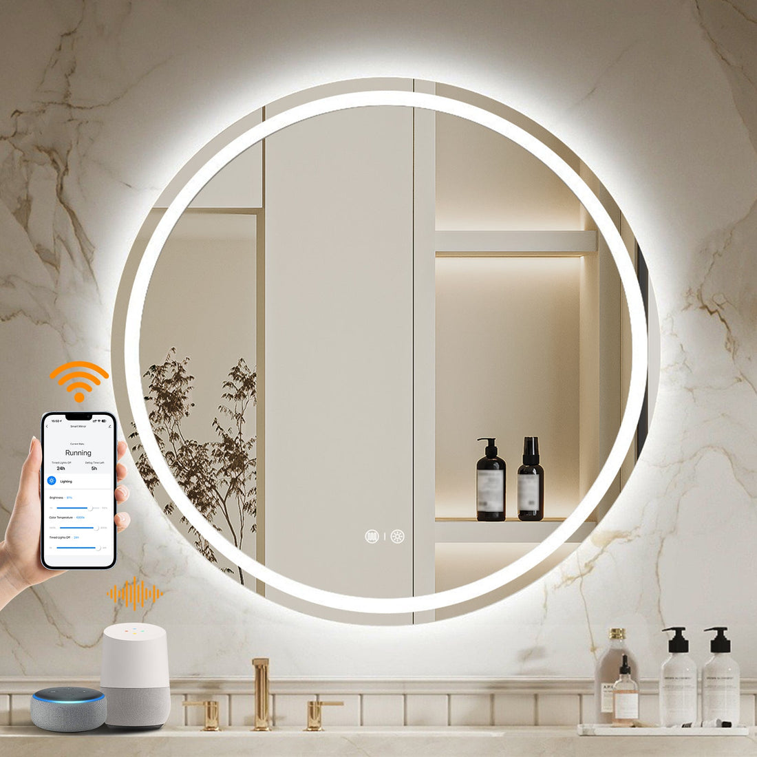 Modern spa-inspired bathroom with a frameless round LED mirror, warm neutral finishes, and folded white towels