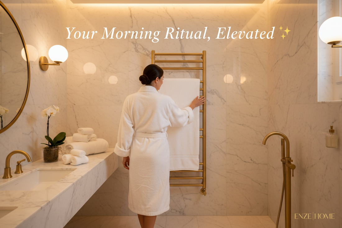 ✨ Transform Your Bathroom Into a Five-Star Retreat: The ENZE Gold Heated Towel Rack Collection
