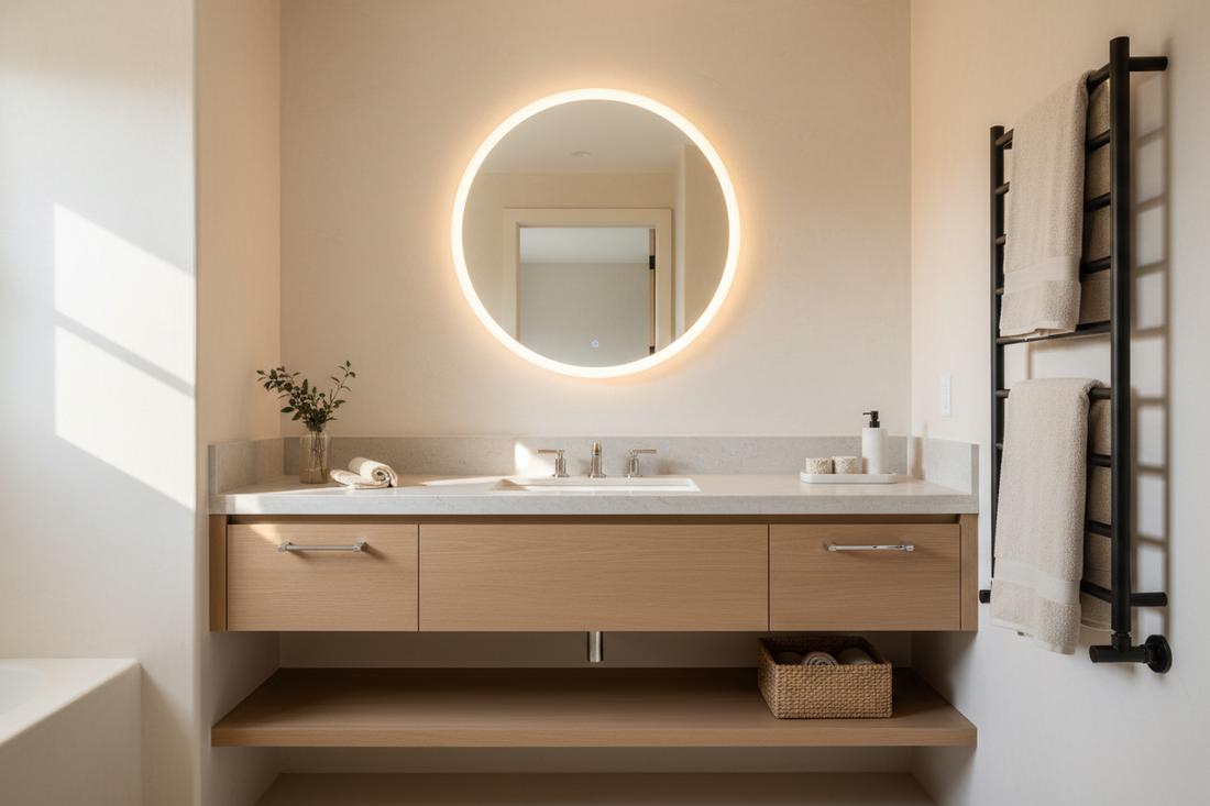 Warm minimalist American bathroom featuring an ENZE round LED mirror and matte black smart heated towel rack with folded white towels.
