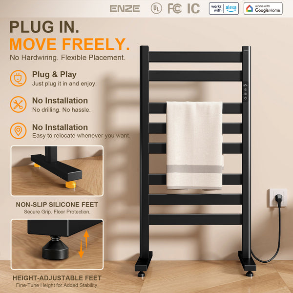 ENZE Freestanding Electric Towel Warmer, 9-Bar Heated Towel Rack, Black