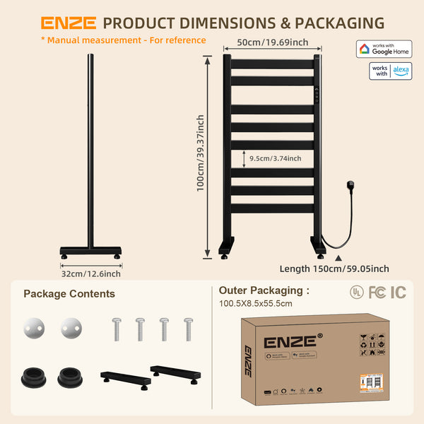 ENZE Freestanding Electric Towel Warmer, 9-Bar Heated Towel Rack, Black