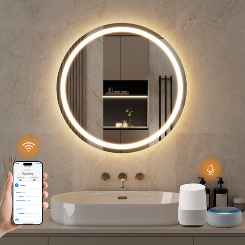 ENZE 32" Round LED Bathroom Mirror with Lights, Smart Wall-Mounted Vanity Mirror, Anti-Fog, 3 Color Lighting, Stepless Dimmable, Frameless, Shatter-Proof, Plug-in or Hardwired