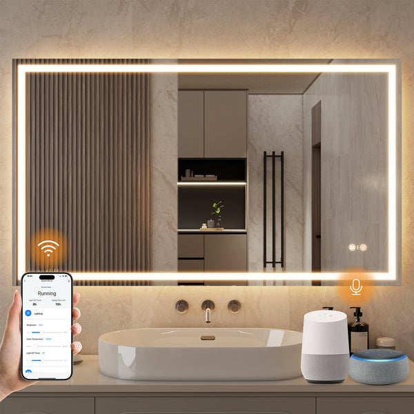 ENZE 28" x 48" LED Bathroom Mirror with Lights, Smart Wall-Mounted Vanity Mirror, Anti-Fog, 3 Color Lighting, Stepless Dimmable, Frameless, Shatter-Proof, Horizontal/Vertical, Plug-in or Hardwired