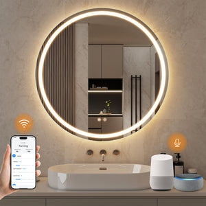 ENZE 32" Round LED Bathroom Mirror with Lights, Smart Wall-Mounted Vanity Mirror, Anti-Fog, 3 Color Lighting, Stepless Dimmable, Frameless, Shatter-Proof, Plug-in or Hardwired