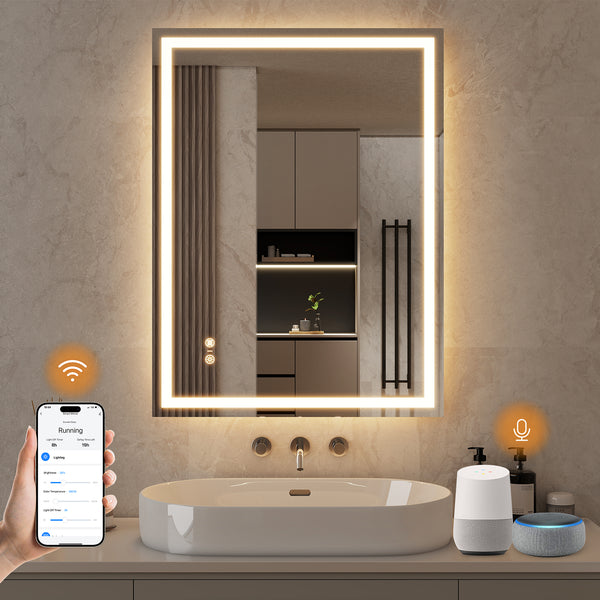 ENZE 28" x 48" LED Bathroom Mirror with Lights, Smart Wall-Mounted Vanity Mirror, Anti-Fog, 3 Color Lighting, Stepless Dimmable, Frameless, Shatter-Proof, Horizontal/Vertical, Plug-in or Hardwired