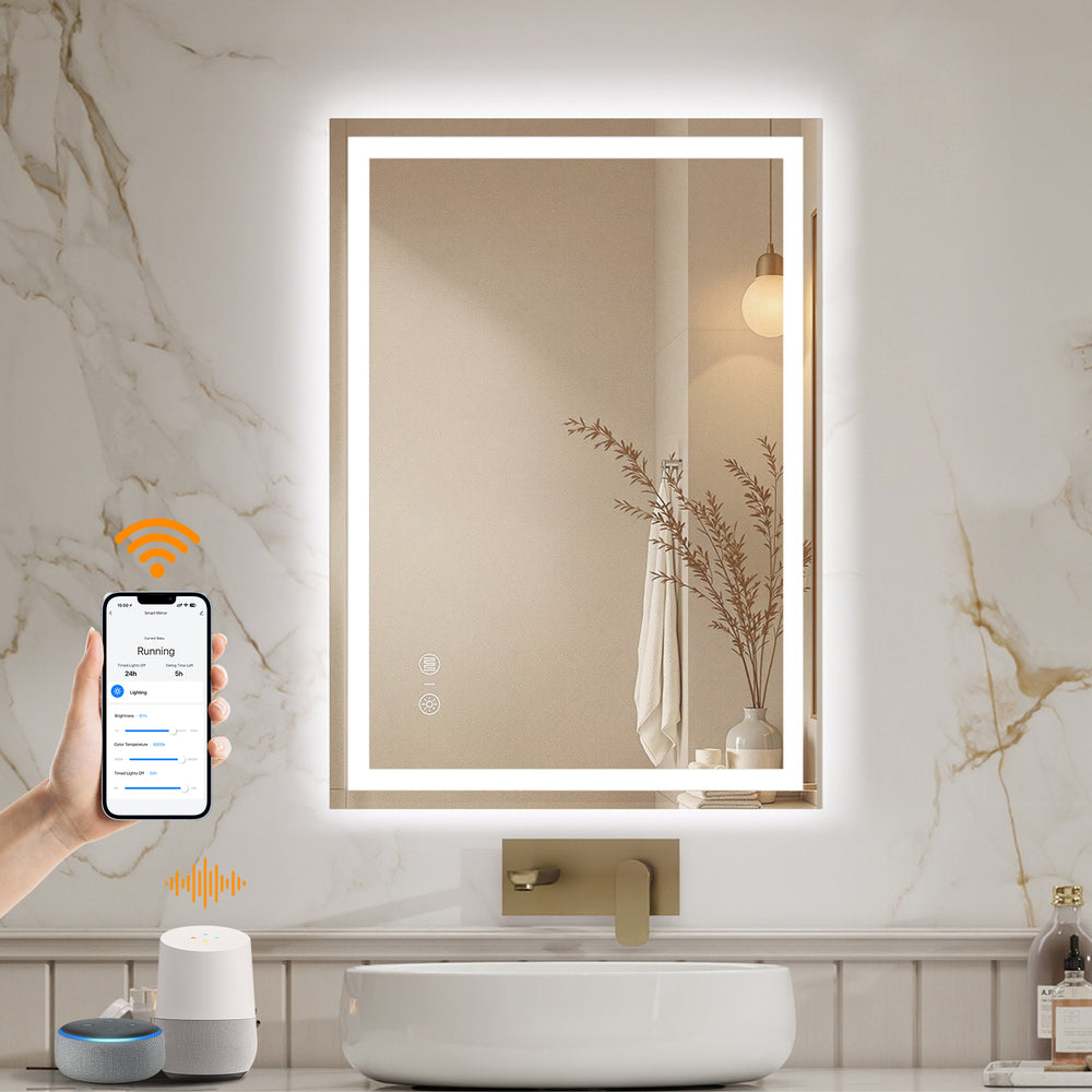 ENZE 20" x 28" LED Bathroom Mirror with Lights, Smart Wall-Mounted Vanity Mirror, Anti-Fog, 3 Color Lighting, Stepless Dimmable, Frameless, Shatter-Proof, Horizontal/Vertical, Plug-in or Hardwired
