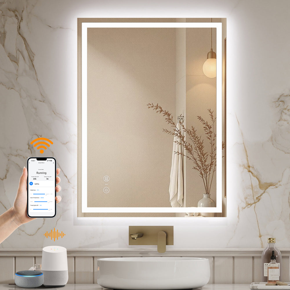 ENZE 24" x 32" LED Bathroom Mirror with Lights, Smart Wall-Mounted Vanity Mirror, Anti-Fog, 3 Color Lighting, Stepless Dimmable, Frameless, Shatter-Proof, Horizontal/Vertical, Plug-in or Hardwired
