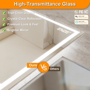 ENZE 28" x 48" LED Bathroom Mirror with Lights, Smart Wall-Mounted Vanity Mirror, Anti-Fog, 3 Color Lighting, Stepless Dimmable, Frameless, Shatter-Proof, Horizontal/Vertical, Plug-in or Hardwired