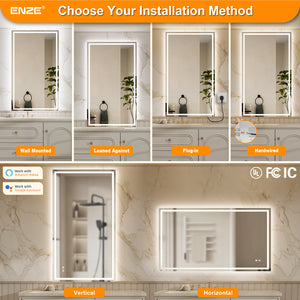 ENZE 28" x 48" LED Bathroom Mirror with Lights, Smart Wall-Mounted Vanity Mirror, Anti-Fog, 3 Color Lighting, Stepless Dimmable, Frameless, Shatter-Proof, Horizontal/Vertical, Plug-in or Hardwired