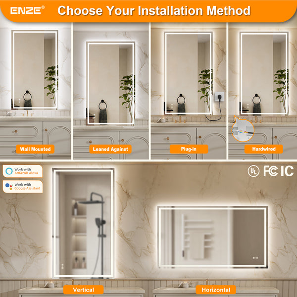 ENZE 28" x 48" LED Bathroom Mirror with Lights, Smart Wall-Mounted Vanity Mirror, Anti-Fog, 3 Color Lighting, Stepless Dimmable, Frameless, Shatter-Proof, Horizontal/Vertical, Plug-in or Hardwired
