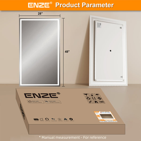 ENZE 28" x 48" LED Bathroom Mirror with Lights, Smart Wall-Mounted Vanity Mirror, Anti-Fog, 3 Color Lighting, Stepless Dimmable, Frameless, Shatter-Proof, Horizontal/Vertical, Plug-in or Hardwired