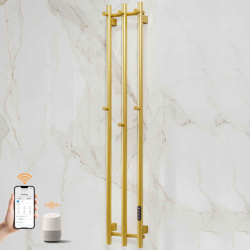ENZE Smart Heated Towel Rack, Wall Mounted Electric Towel Warmer 220W for Bathroom, WiFi App Control, LED Touch Screen, Adjustable Temperature, 24H Timer, Vertical Model, IPX5, Plug-in/Hardwired, Gold