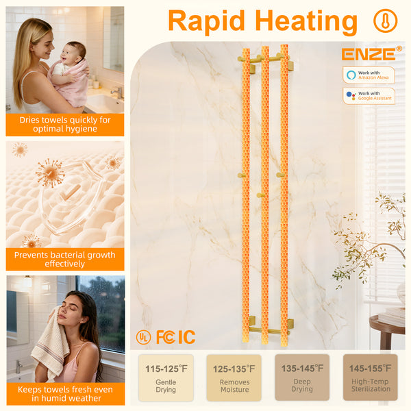 ENZE Smart Heated Towel Rack, Wall Mounted Electric Towel Warmer 220W for Bathroom, WiFi App Control, LED Touch Screen, Adjustable Temperature, 24H Timer, Vertical Model, IPX5, Plug-in/Hardwired, Gold