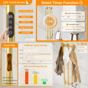 ENZE Smart Heated Towel Rack, Wall Mounted Electric Towel Warmer 220W for Bathroom, WiFi App Control, LED Touch Screen, Adjustable Temperature, 24H Timer, Vertical Model, IPX5, Plug-in/Hardwired, Gold