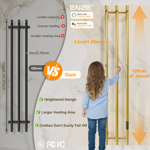 ENZE Smart Heated Towel Rack, Wall Mounted Electric Towel Warmer 220W for Bathroom, WiFi App Control, LED Touch Screen, Adjustable Temperature, 24H Timer, Vertical Model, IPX5, Plug-in/Hardwired, Gold