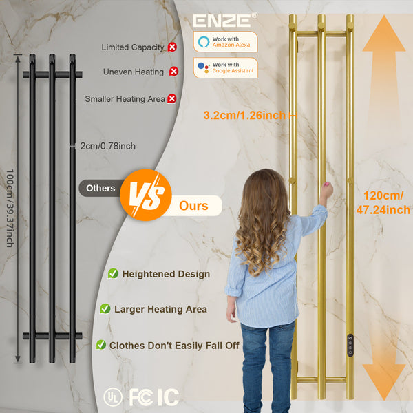 ENZE Smart Heated Towel Rack, Wall Mounted Electric Towel Warmer 220W for Bathroom, WiFi App Control, LED Touch Screen, Adjustable Temperature, 24H Timer, Vertical Model, IPX5, Plug-in/Hardwired, Gold