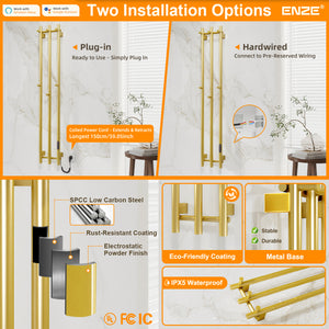 ENZE Smart Heated Towel Rack, Wall Mounted Electric Towel Warmer 220W for Bathroom, WiFi App Control, LED Touch Screen, Adjustable Temperature, 24H Timer, Vertical Model, IPX5, Plug-in/Hardwired, Gold