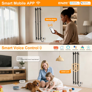 ENZE Smart Heated Towel Rack, Wall Mounted Electric Towel Warmer 220W for Bathroom, WiFi App Control & LED Touch Screen, Adjustable Temp & 24H Timer, Vertical Model, IPX5, Plug-in/Hardwired, Black