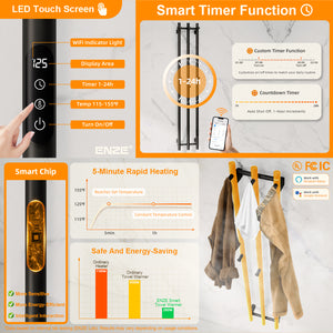 ENZE Smart Heated Towel Rack, Wall Mounted Electric Towel Warmer 220W for Bathroom, WiFi App Control & LED Touch Screen, Adjustable Temp & 24H Timer, Vertical Model, IPX5, Plug-in/Hardwired, Black