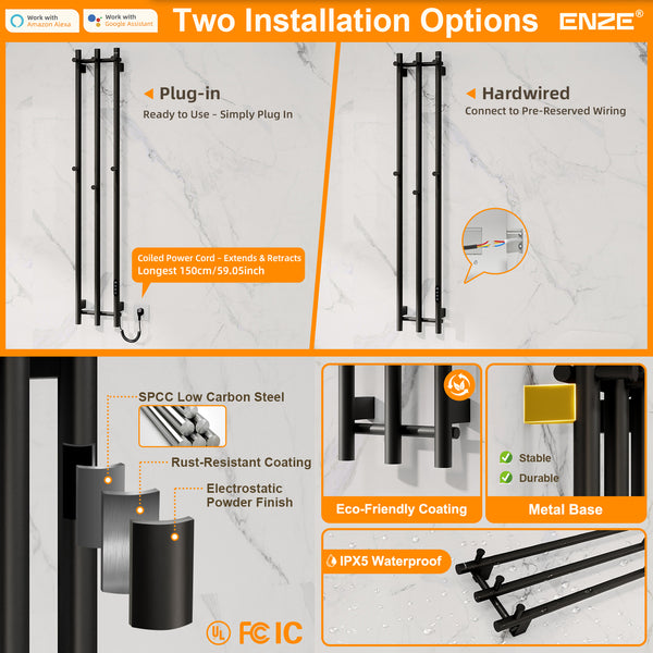 ENZE Smart Heated Towel Rack, Wall Mounted Electric Towel Warmer 220W for Bathroom, WiFi App Control & LED Touch Screen, Adjustable Temp & 24H Timer, Vertical Model, IPX5, Plug-in/Hardwired, Black