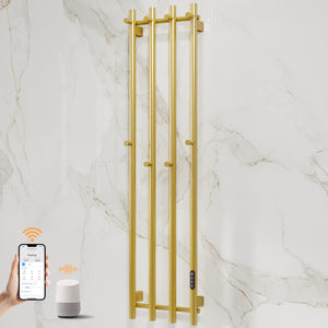 ENZE Smart Heated Towel Rack, Wall Mounted Electric Towel Warmer 300W for Bathroom, WiFi App Control, LED Touch Screen, Adjustable Temperature, 24H Timer, Vertical Model, IPX5, Plug-in/Hardwired, Gold