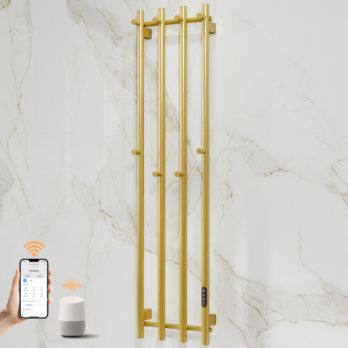 ENZE Smart Heated Towel Rack, Wall Mounted Electric Towel Warmer 300W for Bathroom, WiFi App Control, LED Touch Screen, Adjustable Temperature, 24H Timer, Vertical Model, IPX5, Plug-in/Hardwired, Gold