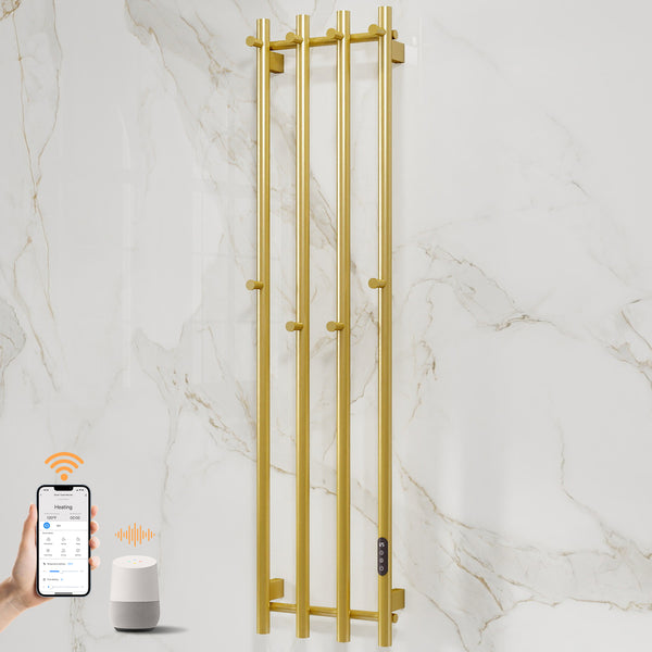 ENZE Smart Heated Towel Rack, Wall Mounted Electric Towel Warmer 300W for Bathroom, WiFi App Control, LED Touch Screen, Adjustable Temperature, 24H Timer, Vertical Model, IPX5, Plug-in/Hardwired, Gold