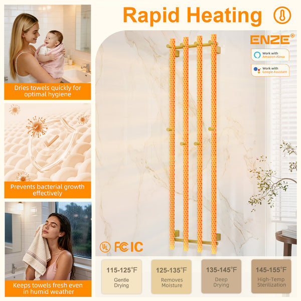 ENZE Smart Heated Towel Rack, Wall Mounted Electric Towel Warmer 300W for Bathroom, WiFi App Control, LED Touch Screen, Adjustable Temperature, 24H Timer, Vertical Model, IPX5, Plug-in/Hardwired, Gold