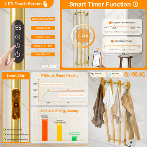 ENZE Smart Heated Towel Rack, Wall Mounted Electric Towel Warmer 300W for Bathroom, WiFi App Control, LED Touch Screen, Adjustable Temperature, 24H Timer, Vertical Model, IPX5, Plug-in/Hardwired, Gold