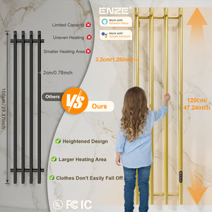 ENZE Smart Heated Towel Rack, Wall Mounted Electric Towel Warmer 300W for Bathroom, WiFi App Control, LED Touch Screen, Adjustable Temperature, 24H Timer, Vertical Model, IPX5, Plug-in/Hardwired, Gold