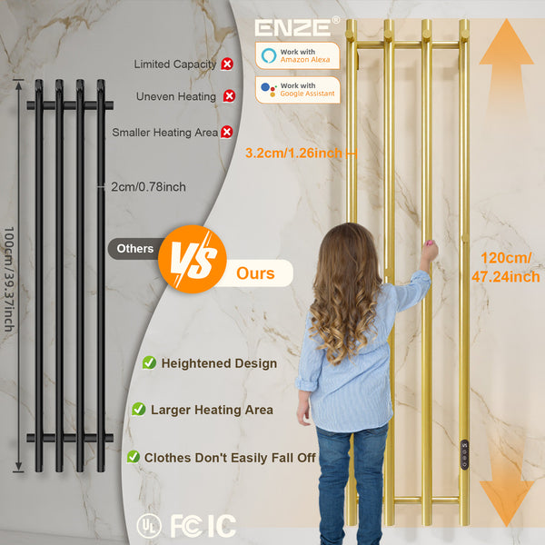 ENZE Smart Heated Towel Rack, Wall Mounted Electric Towel Warmer 300W for Bathroom, WiFi App Control, LED Touch Screen, Adjustable Temperature, 24H Timer, Vertical Model, IPX5, Plug-in/Hardwired, Gold