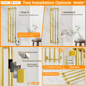 ENZE Smart Heated Towel Rack, Wall Mounted Electric Towel Warmer 300W for Bathroom, WiFi App Control, LED Touch Screen, Adjustable Temperature, 24H Timer, Vertical Model, IPX5, Plug-in/Hardwired, Gold