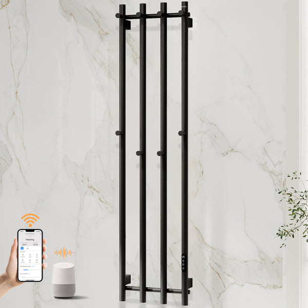ENZE Smart Heated Towel Rack, Wall Mounted Electric Towel Warmer 300W for Bathroom, WiFi App Control & LED Touch Screen, Adjustable Temp & 24H Timer, Vertical Model, IPX5, Plug-in/Hardwired, Black