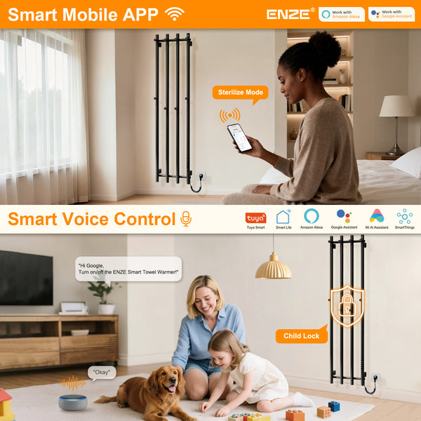 ENZE Smart Heated Towel Rack, Wall Mounted Electric Towel Warmer 300W for Bathroom, WiFi App Control & LED Touch Screen, Adjustable Temp & 24H Timer, Vertical Model, IPX5, Plug-in/Hardwired, Black