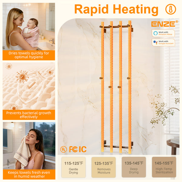 ENZE Smart Heated Towel Rack, Wall Mounted Electric Towel Warmer 300W for Bathroom, WiFi App Control & LED Touch Screen, Adjustable Temp & 24H Timer, Vertical Model, IPX5, Plug-in/Hardwired, Black