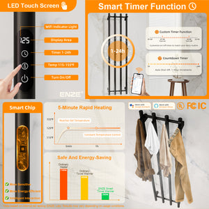 ENZE Smart Heated Towel Rack, Wall Mounted Electric Towel Warmer 300W for Bathroom, WiFi App Control & LED Touch Screen, Adjustable Temp & 24H Timer, Vertical Model, IPX5, Plug-in/Hardwired, Black