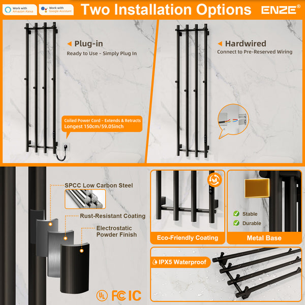 ENZE Smart Heated Towel Rack, Wall Mounted Electric Towel Warmer 300W for Bathroom, WiFi App Control & LED Touch Screen, Adjustable Temp & 24H Timer, Vertical Model, IPX5, Plug-in/Hardwired, Black