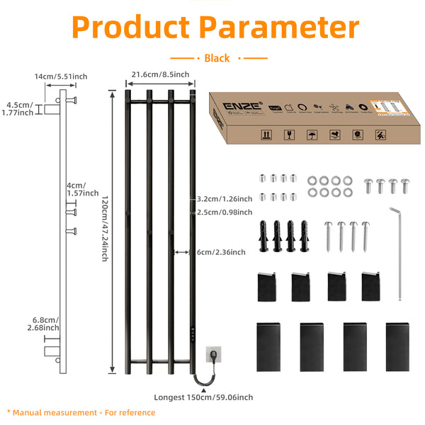 ENZE Smart Heated Towel Rack, Wall Mounted Electric Towel Warmer 300W for Bathroom, WiFi App Control & LED Touch Screen, Adjustable Temp & 24H Timer, Vertical Model, IPX5, Plug-in/Hardwired, Black
