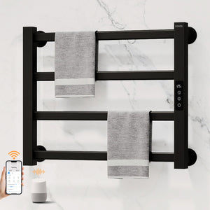 ENZE Smart Heated Towel Rack, 4-Bar Wall-Mounted Electric Towel Warmer 115W, Wi-Fi App Control & LED Touch Screen, Adjustable Temperature & 24H Timer, IPX5, Plug-in/Hardwired, Matte Black