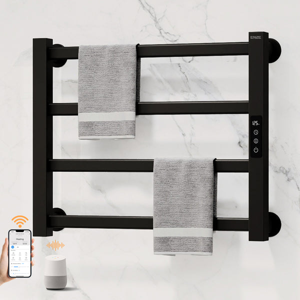 ENZE Smart Heated Towel Rack, 4-Bar Wall-Mounted Electric Towel Warmer 115W, Wi-Fi App Control & LED Touch Screen, Adjustable Temperature & 24H Timer, IPX5, Plug-in/Hardwired, Matte Black