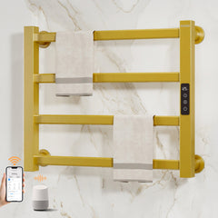 ENZE Smart Heated Towel Rack, 4-Bar Wall-Mounted Electric Towel Warmer 115W, Wi-Fi App Control & LED Touch Screen, Adjustable Temperature & 24H Timer, IPX5, Plug-in/Hardwired, Gold