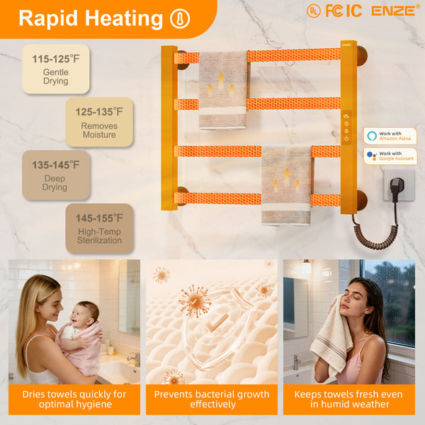 ENZE Smart Heated Towel Rack, 4-Bar Wall-Mounted Electric Towel Warmer 115W, Wi-Fi App Control & LED Touch Screen, Adjustable Temperature & 24H Timer, IPX5, Plug-in/Hardwired, Matte Black