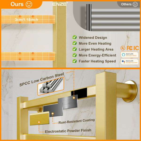ENZE Smart Heated Towel Rack, 4-Bar Wall-Mounted Electric Towel Warmer 115W, Wi-Fi App Control & LED Touch Screen, Adjustable Temperature & 24H Timer, IPX5, Plug-in/Hardwired, Gold