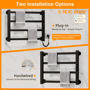 ENZE Smart Heated Towel Rack, 4-Bar Wall-Mounted Electric Towel Warmer 115W, Wi-Fi App Control & LED Touch Screen, Adjustable Temperature & 24H Timer, IPX5, Plug-in/Hardwired, Matte Black