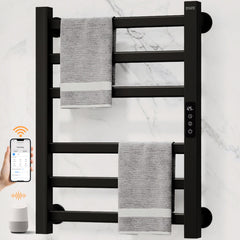 ENZE Smart Heated Towel Rack, 6-Bar Wall-Mounted Electric Towel Warmer 150W, Wi-Fi App Control & LED Touch Screen, Adjustable Temperature & 24H Timer, IPX5, Plug-in/Hardwired, Matte Black