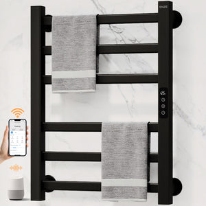 ENZE Smart Heated Towel Rack, 6-Bar Wall-Mounted Electric Towel Warmer 150W, Wi-Fi App Control & LED Touch Screen, Adjustable Temperature & 24H Timer, IPX5, Plug-in/Hardwired, Matte Black