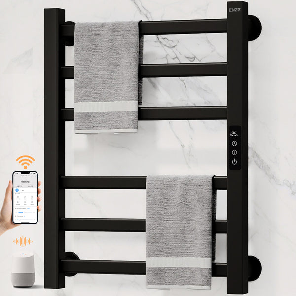 ENZE Smart Heated Towel Rack, 6-Bar Wall-Mounted Electric Towel Warmer 150W, Wi-Fi App Control & LED Touch Screen, Adjustable Temperature & 24H Timer, IPX5, Plug-in/Hardwired, Matte Black